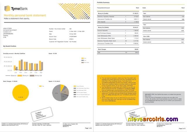 South Africa Tyme Bank account statement Word and PDF, 2 pages